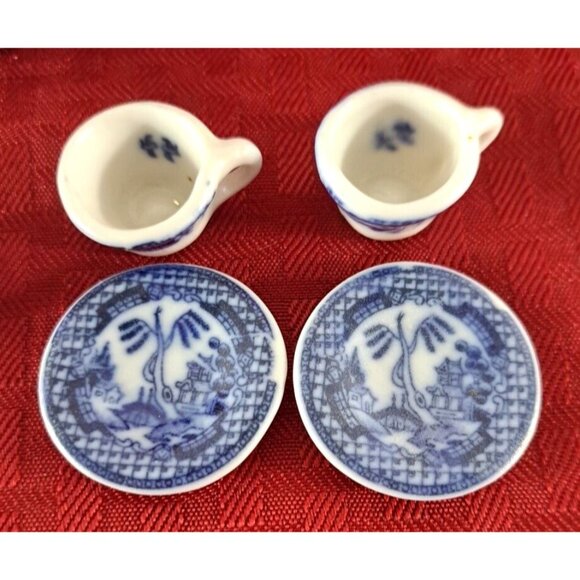 Vintage Dollhouse Tea Coffee Set Ceramic Blue White Asian Willow Landscape 1:12 - Picture 5 of 7